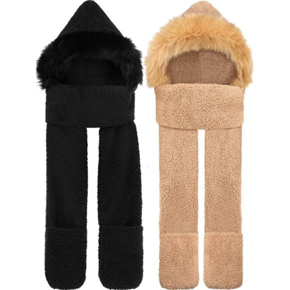2 Pieces Women's Winter Warm  3 in1 Hooded Hat Scarf Gloves Set, Black & Brown
